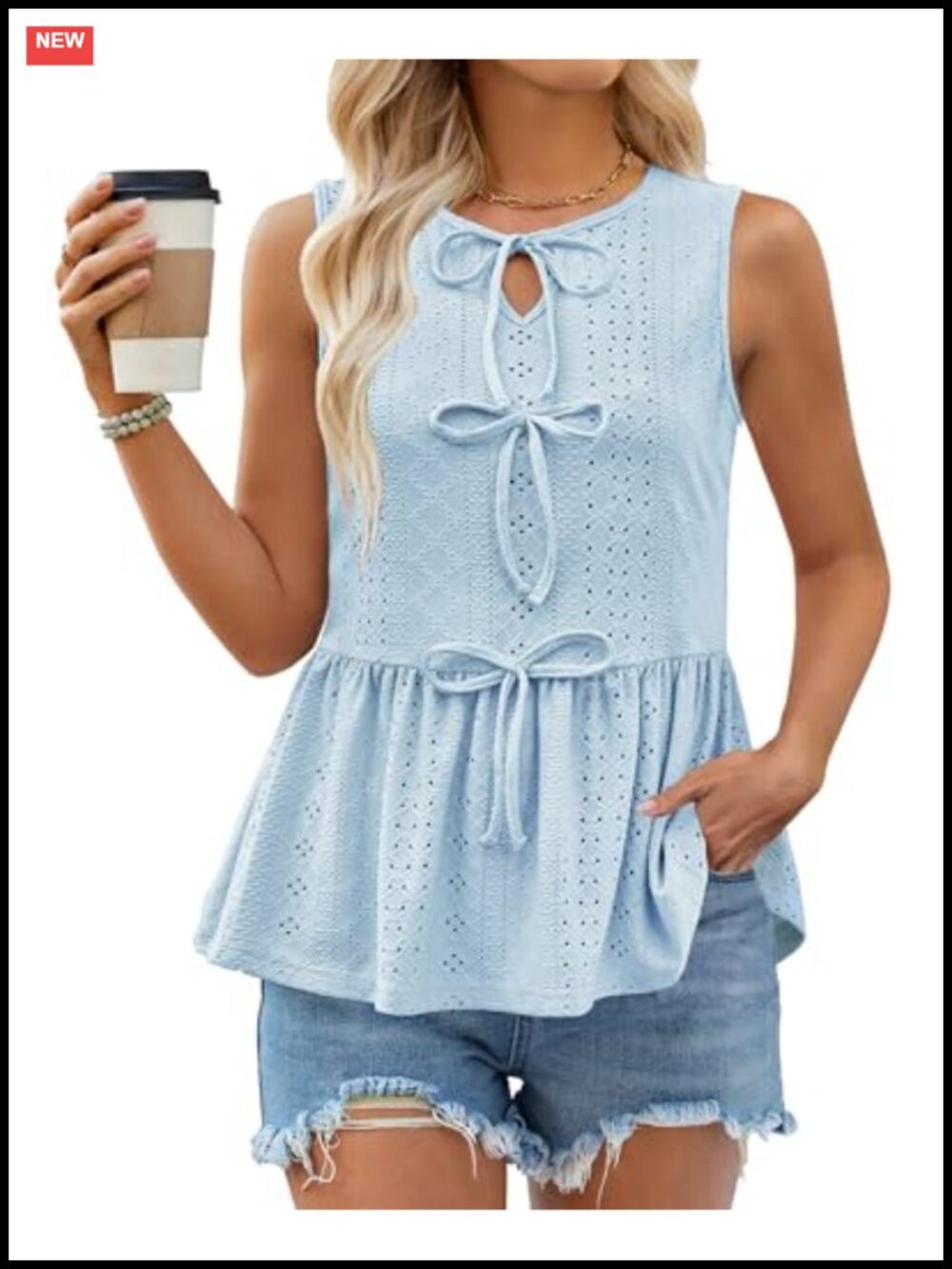 Women's Eyelet Peplum Sleeveless Tank Top Bow Tie Front Flowy Babydoll Blouse